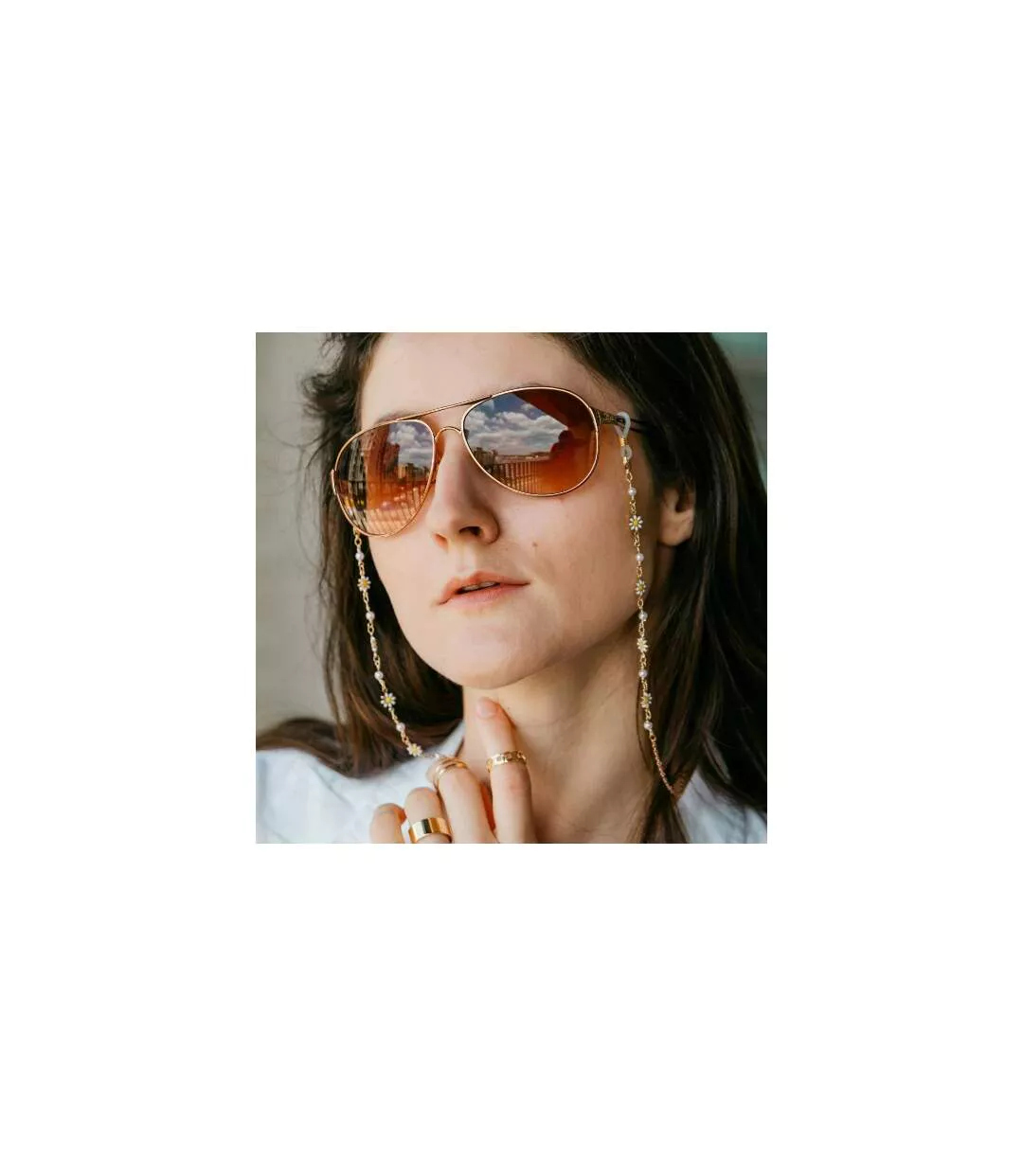 55 cmWhite Sun Flower Daisy Sunglass Reading Eyeglass Lanyard Pearl Chain Holder