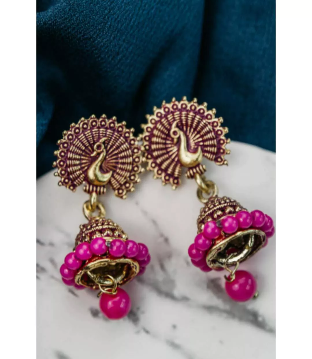 Small Pink Intricate Peacock Colourful Indian Ethnic Boho Festival Bridal Jhumki