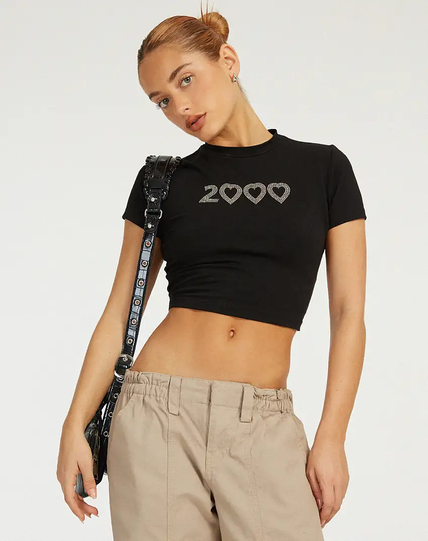Surtila Crop Top in Black 2000 Hotfix Diamante