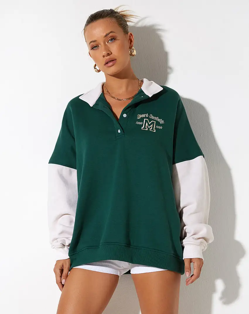 Varsity Oversized Jumper in Forest Green Winter White Sport Society